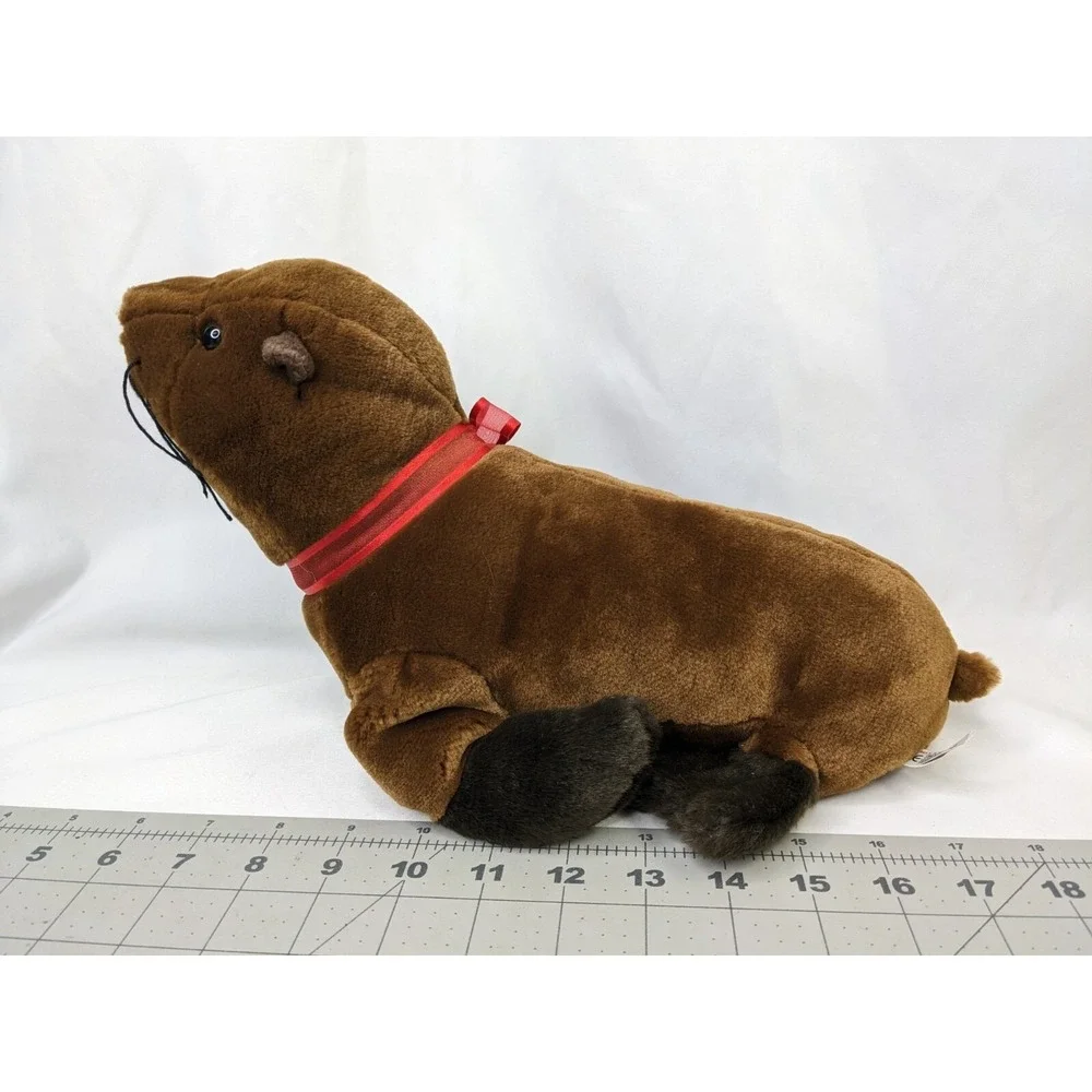 K&M Intl Brown Seal Plush Red Ribbon 13.5 Inch Long‎ 2005 Stuffed Animal Toy